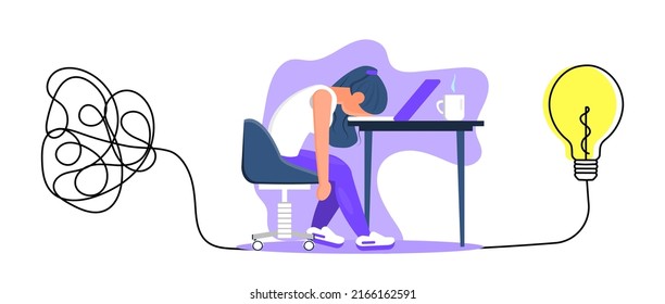 Process of solving, unleashing problems. Employee, freelancer works at office. Chaotic lines and doodles turn into a light bulb. Brainstorming, idea metaphor vector concept. Girl sit at the table.