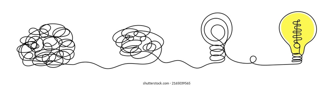 Process of solving, unleashing
 Problems. Steps from a complex problem to a simple business solution. Chaotic lines and doodles turn into a light bulb. Brainstorming vector concept. 