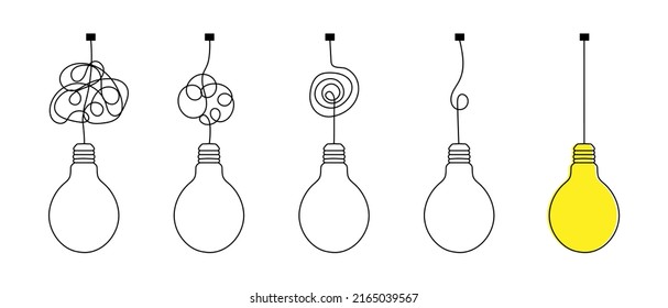 Process Of Solving, Unleashing
 Problems. Steps From A Complex Problem To A Simple Business Solution. Chaotic Lines And Doodles Turn Into A Light Bulb. Brainstorming Vector Concept. 