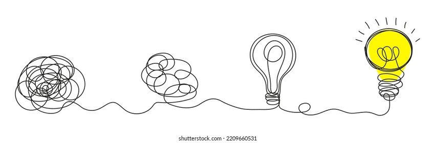 Process Of Solving, Unleashing
 Problems. Steps From A Complex Problem To A Simple Business Solution. Chaotic Lines And Doodles Turn Into A Light Bulb. Brainstorming Vector Concept. 