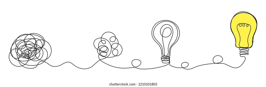 Process Of Solving, Unleashing
 Problems. Steps From A Complex Problem To A Simple Business Solution. Chaotic Lines And Doodles Turn Into A Light Bulb. Brainstorming Vector Concept. 