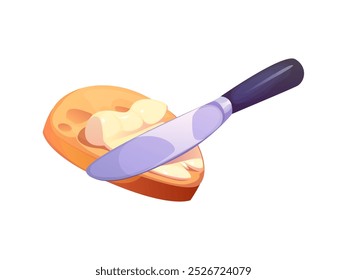 Process of spreading butter on a slice of bread using a knife. Cartoon vector culinary image highlights common breakfast preparation activity, emphasizing the textures of creamy butter and fresh bread