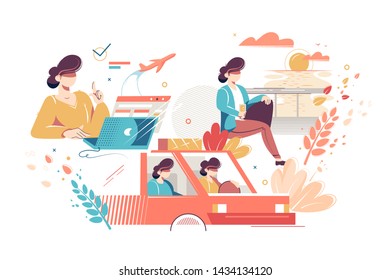 Process stages of tourist trip vector illustration. Phases happy vacation. Woman booking flight tickets to warm country and driving to airport with anticipation flat style concept