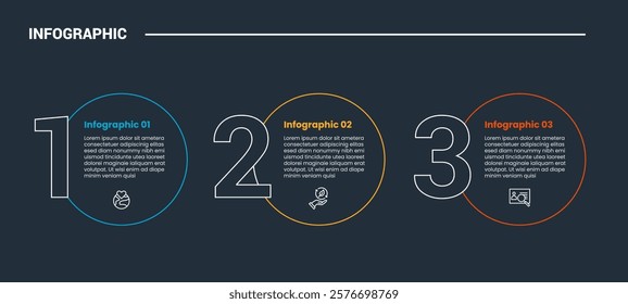 process stages workflow infographic dark outline for slide presentation with outline circle and number on side with 3 point list vector