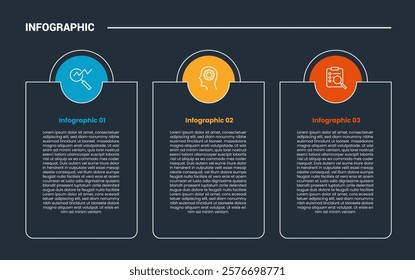 process stages workflow infographic dark outline for slide presentation with big rectangle container with circle on top with 3 point list vector