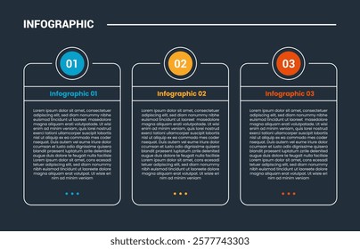 process stages workflow infographic dark outline for slide presentation with creative table with circle badge on top with 3 point list vector