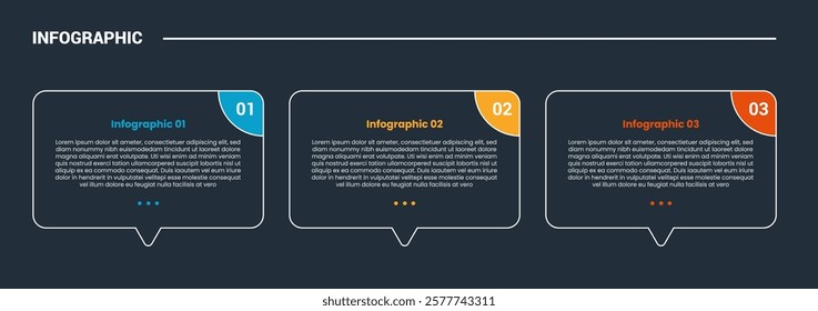 process stages workflow infographic dark outline for slide presentation with discussion commentary box with badge on right with 3 point list vector