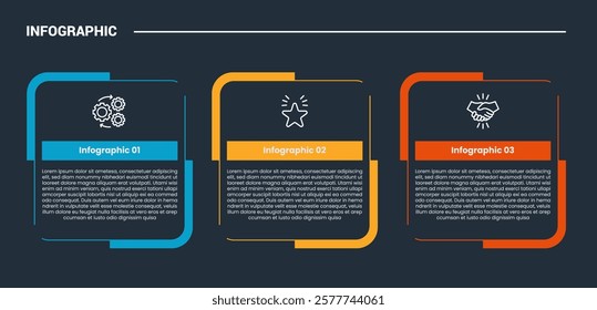 process stages workflow infographic dark outline for slide presentation with creative round box container with slice line with 3 point list vector