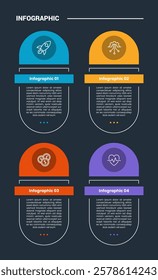 process stages workflow infographic dark outline for slide presentation with round rectangle with half circle on top with 4 point list vector