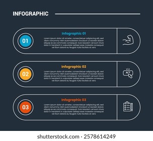 process stages workflow infographic dark outline for slide presentation with round rectangle stack with circle badge number with 4 point list vector