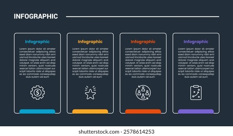 process stages workflow infographic dark outline for slide presentation with vertical round rectangle with badge on bottom with 4 point list vector