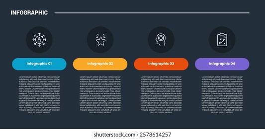 process stages workflow infographic dark outline for slide presentation with open table with round badge and circle icon on top with 4 point list vector