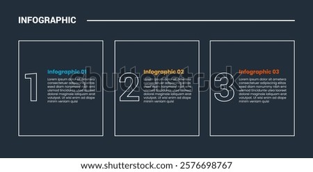 process stages workflow infographic dark outline for slide presentation with big square shape with number on side with 3 point list vector