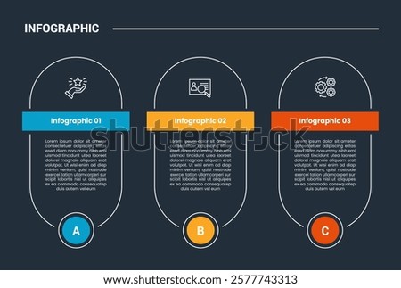 process stages workflow infographic dark outline for slide presentation with vertical round box container with circle badge on bottom with 3 point list vector