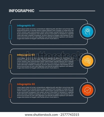 process stages workflow infographic dark outline for slide presentation with round rectangle box with circle edge stack with 3 point list vector