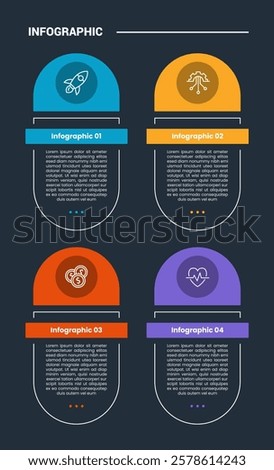 process stages workflow infographic dark outline for slide presentation with round rectangle with half circle on top with 4 point list vector