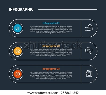 process stages workflow infographic dark outline for slide presentation with round rectangle stack with circle badge number with 4 point list vector