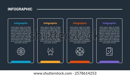 process stages workflow infographic dark outline for slide presentation with vertical round rectangle with badge on bottom with 4 point list vector