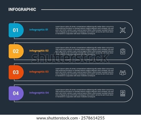 process stages workflow infographic dark outline for slide presentation with round rectangle box container in stack vertical layout with 4 point list vector