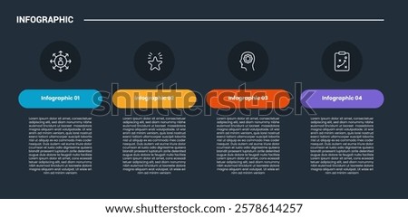 process stages workflow infographic dark outline for slide presentation with open table with round badge and circle icon on top with 4 point list vector