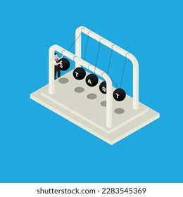 Process start. Balls pendulum. Start-up isometric 3d vector illustration concept for banner, website, illustration, landing page, flyer, etc.