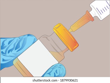 The process of taking the Liquid medicine concept. Hand using a syringe and a blank label vial bottle. Vector. eps 10.