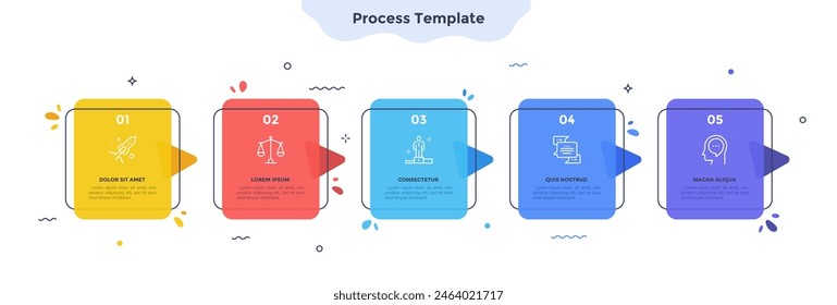 Process template colorful infographic elements with 5 steps. Business startup idea presentation design with mockup banners. Five rectangular shapes for commercial graphic data demonstration