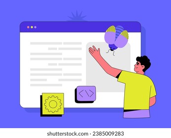 Process of testing application or website code. IT specialist searching for bugs. Digital analysis. Hand drawn vector illustration isolated on blue background, flat cartoon style.