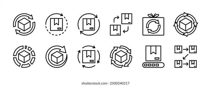 Dünne Linien-Icon-Vektorsatz verarbeiten. Enthält Bestellung, Paket, Paket, Paket, Paket und Geschenk. Workflow, Fortschritt, Schritt und Produktivität der Bestellung. Synchronisationspfeil mit Lieferkarton