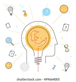 Process of thinking and finding solution. Contour flat line concept illustration of head with bulb and maze inside. Searching for a way the problem decision. Outline vector infographic design elements