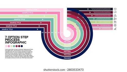 Process timeline infographic with 7 steps options, suitable for presentations, reports, websites, annual reports, posters, brochures, visual marketing, and financial materials. Editable vector eps