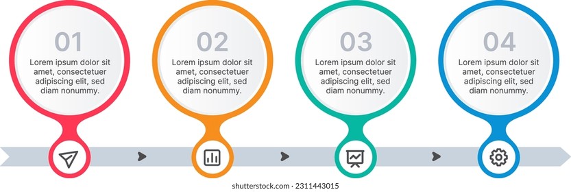 Process timeline infographics for four pointers moving left to right progress