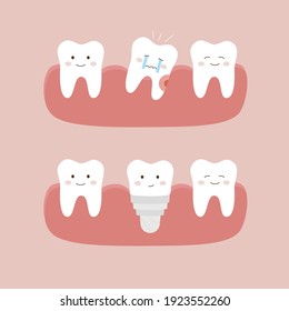 The process of tooth extraction and implantation. Cute сartoon teeth. Dental personage vector illustration. Isolated on pink background.
