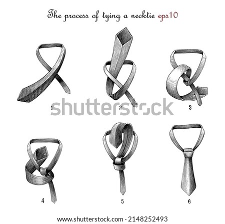 The process of tying a necktie hand drawing vintage engraving style