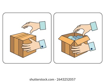 Process Unpacking a box with a purchase, hands open a cardboard box - linear full-color image. Receiving a parcel unpacking, online shopping.