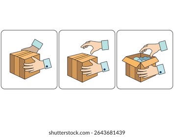 Process Unpacking a parcel, a box with a purchase, hands open a cardboard box - vector full-color image. Receiving a parcel unpacking, online shopping.