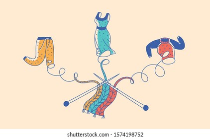 The process of upcycling clothes, pants, dresses, sweatshirts into knitted thread. Reuse by knitting yarn with knitting needles into the rug. T-shirt yarn. Zpagetti 