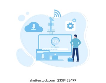 The process of updating a computer with a wifi network trending concept flat illustration