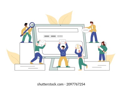 Process of UX UI design and website development, flat vector illustration isolated on white background. Programmers and designers people working in teamwork on application or web interface.