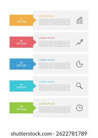 Processar modelo de diagrama vertical com cinco seções. Modelo infoggráfico com ícones