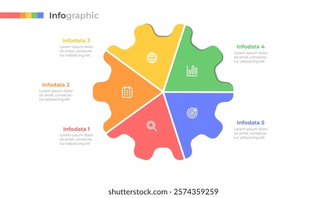 Process Visualization. Colorful 5 options gear infographic template and marketing icons. Can be used for workflow diagram, info chart, annual report.