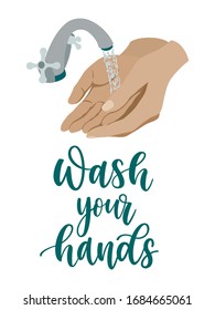 Proceso de lavado de manos. Palmas, grifo, agua, "lávate las manos" grabado como ilustración del concepto de protección contra la pandemia de virus.