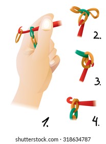 The process of weaving bracelet gum - a new fashion craze teenage girls. The illustration shows the step by step instructions for weaving