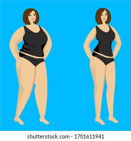 Process of weight loss of a young woman from fat to slim. Stage slimming. Dieting. Before and after diet. Fat and slim girl. Cartoon character. Flat vector illustration. Isolated on blue background. 