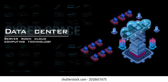 Process of work server processing center and data calculation through web hosting. Data center and cloud computing isometric concept