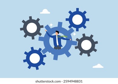 Process and workflow optimization, businessman on gear, cogwheels optimize process.