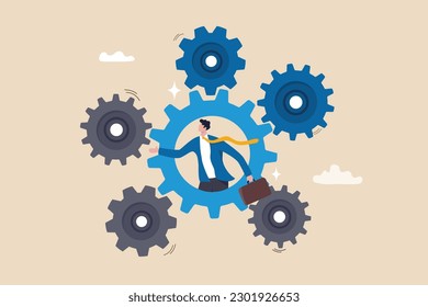 Process and workflow optimization, work improvement or increase productivity, efficiency or automation system, solve problem or solution concept, businessman on gear, cogwheels optimize process.