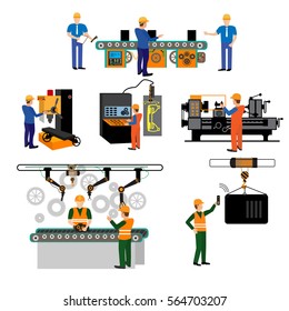 El proceso de trabajo para máquinas de corte metálico.Lineal Plano industrial de fabricación transportadora/vectorial.