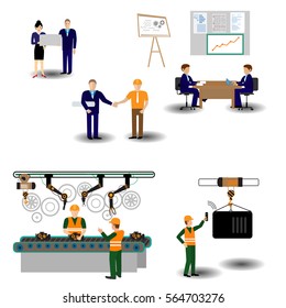 The process of working people for metal-cutting machines.Linear Flat industrial manufacture conveyor machine vector illustration.
