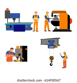 The process of working people for metal-cutting machines.Linear Flat industrial manufacture conveyor machine vector illustration.